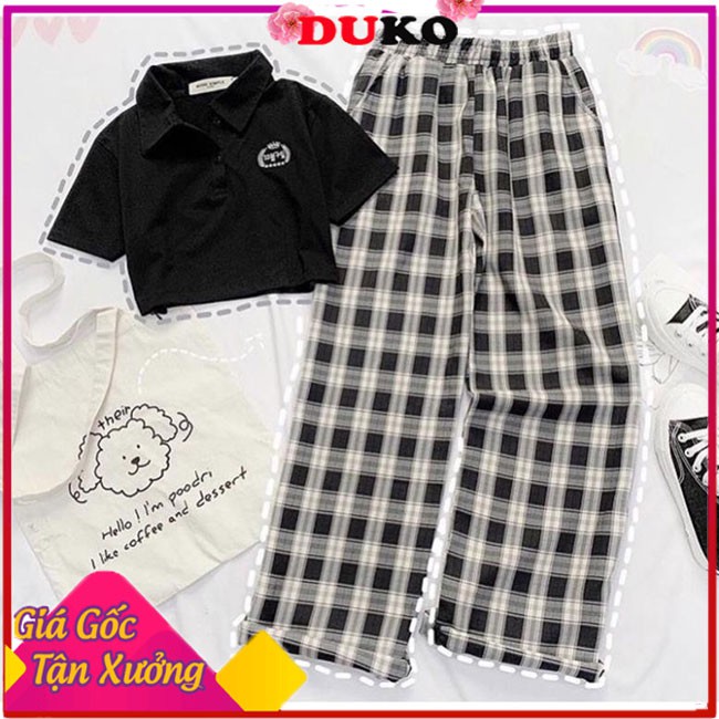 Set Quần Baggy Caro + Áo Croptop Logo Chữ Hàn Free Size Dưới 55Kg