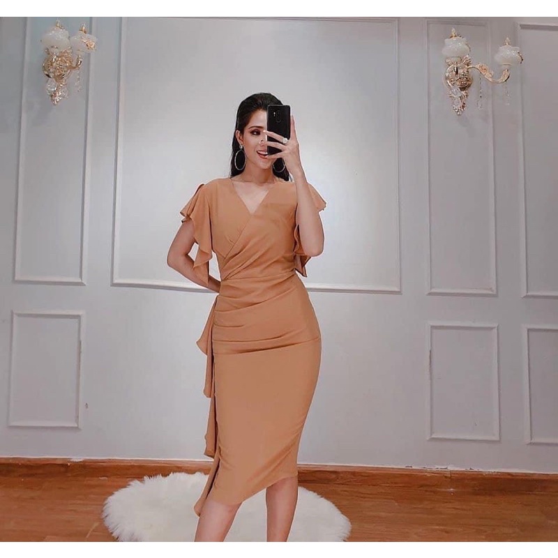 Đầm dáng ôm body tay rũ bèo màu nâu tây