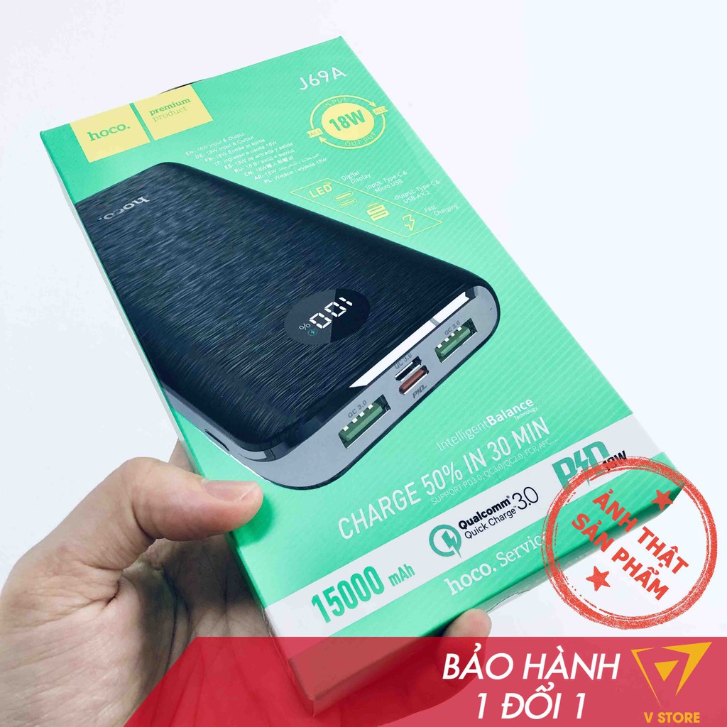 [Qc3 pd 18w] Pin sạc dự phòng 15000mah J69a sạc nhanh 2 usb 1 typec 1 micro cho iphone samsung led [hoco đà nẵng]