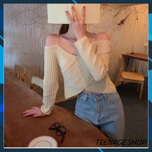 Áo len croptop trễ vai tay dài nữ Hàn Quốc ulzzang | BigBuy360 - bigbuy360.vn