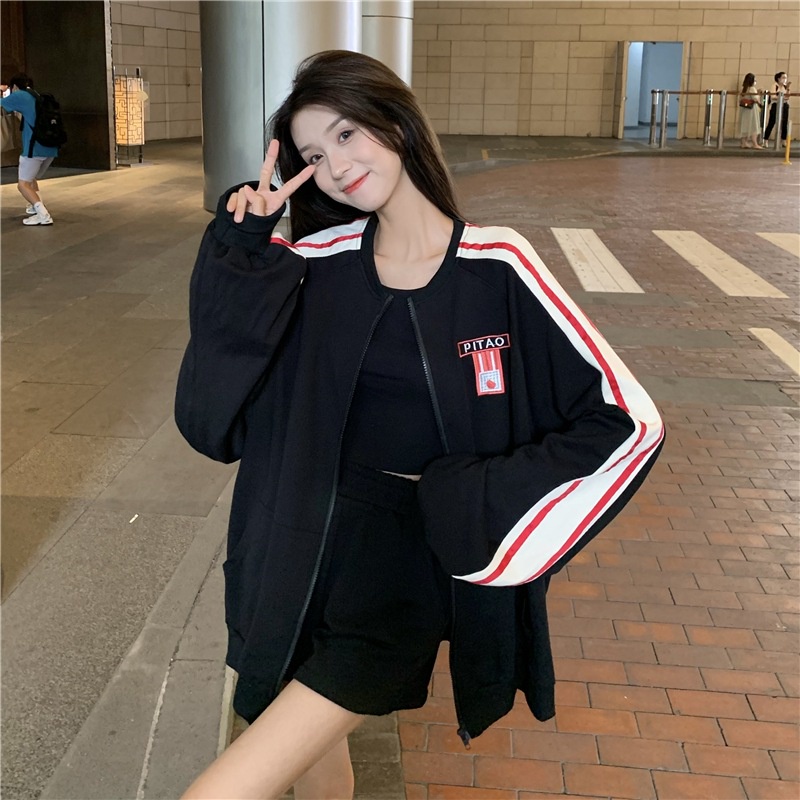 Áo Khoác Kẻ Pitao Nữ [FREESHIP]  Jacket bomber 2 sọc đỏ, sweater form rộng tay bồng trendy cá tính Ulzzang HOLASTORE