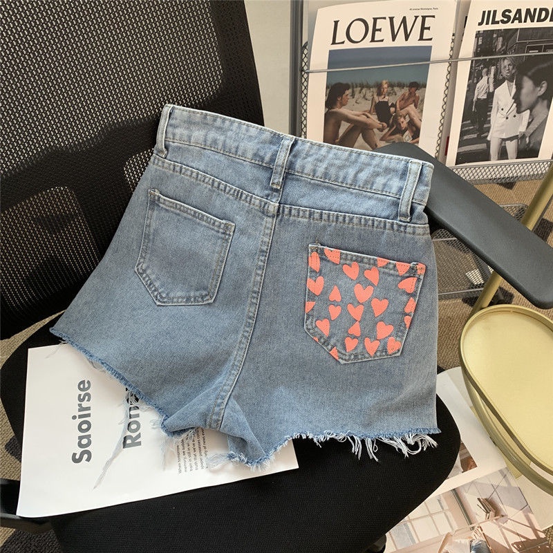 Mới Quần Short Denim Lưng Cao Ống Rộng Phối Túi Hoạ Tiết In Thiết Kế Xẻ Rách Cá Tính