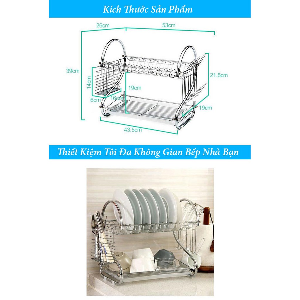 Giá kệ úp bát đĩa Inox 2 tầng có khay hứng nước hình chữ S - Giá kệ úp bát đĩa chữ s