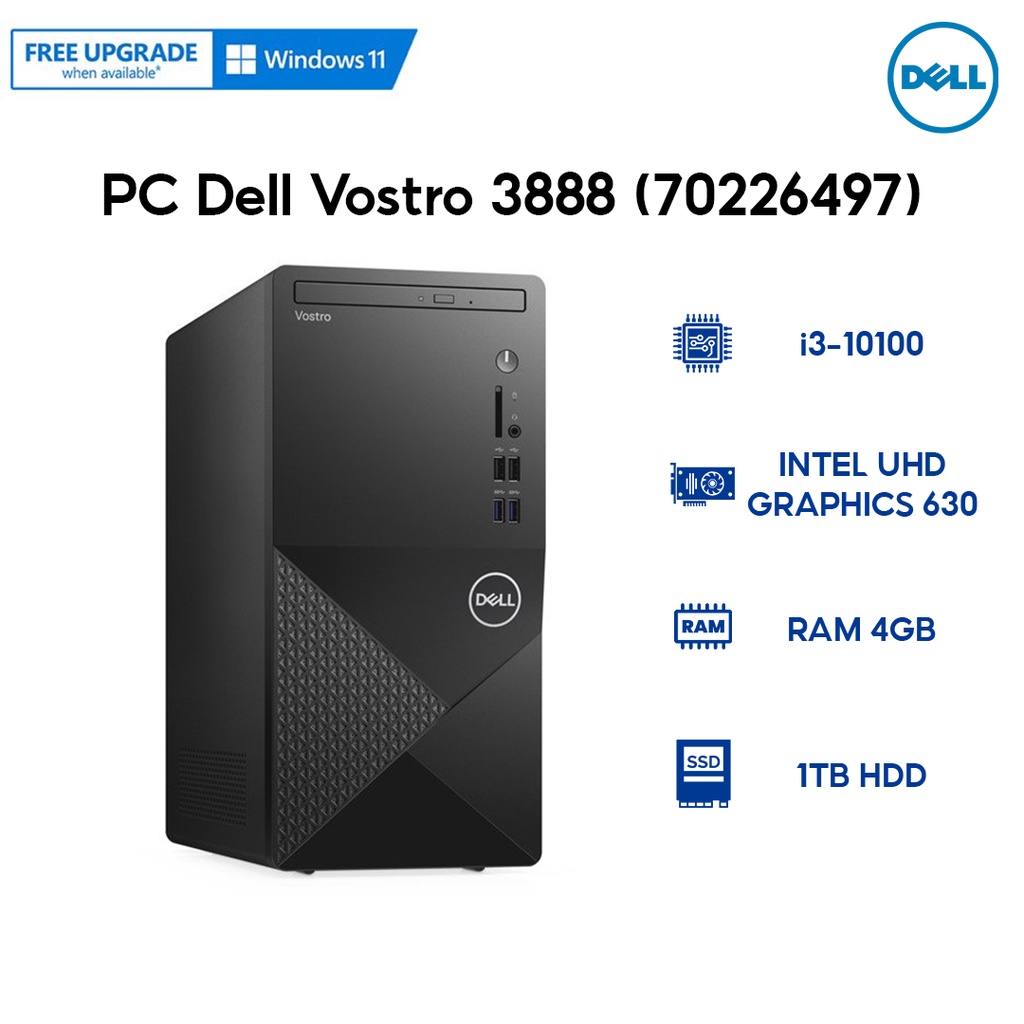 PC Dell Vostro 3888 (70226497) (i3-10100 | 4GB RAM | 1TB HDD | DVDRW | WL+BT | Mouse+Keyboard | Win 10 Home)