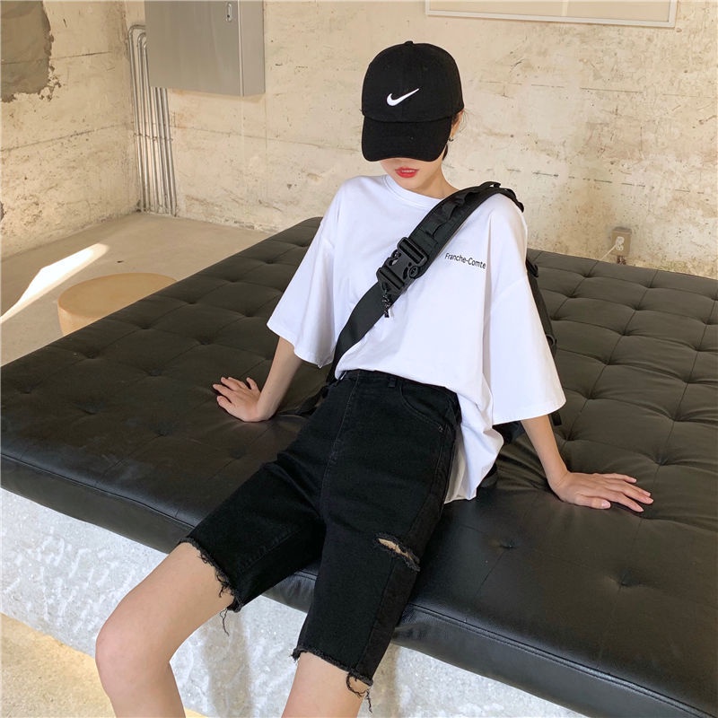 AMOI Quần Short Denim Màu Đen Lưng Cao Dáng Suông Rách Cá Tính Có Size Lớn Phong Cách Hàn Quốc Cho Nữ