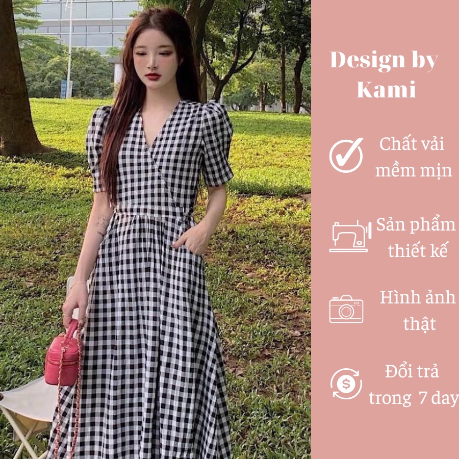 Váy kẻ caro đen trắng dáng dài cổ V bo eo size S M L XL Design by Kami