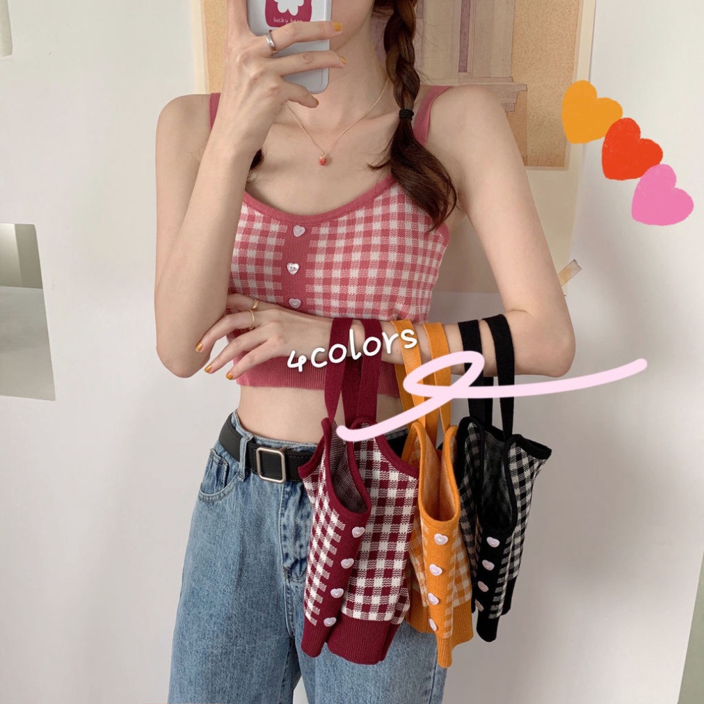 Áo hai dây dệt kim họa tiết sọc caro phong cách retro nội y xanh hàng đẹp thấm hút mồ hôi