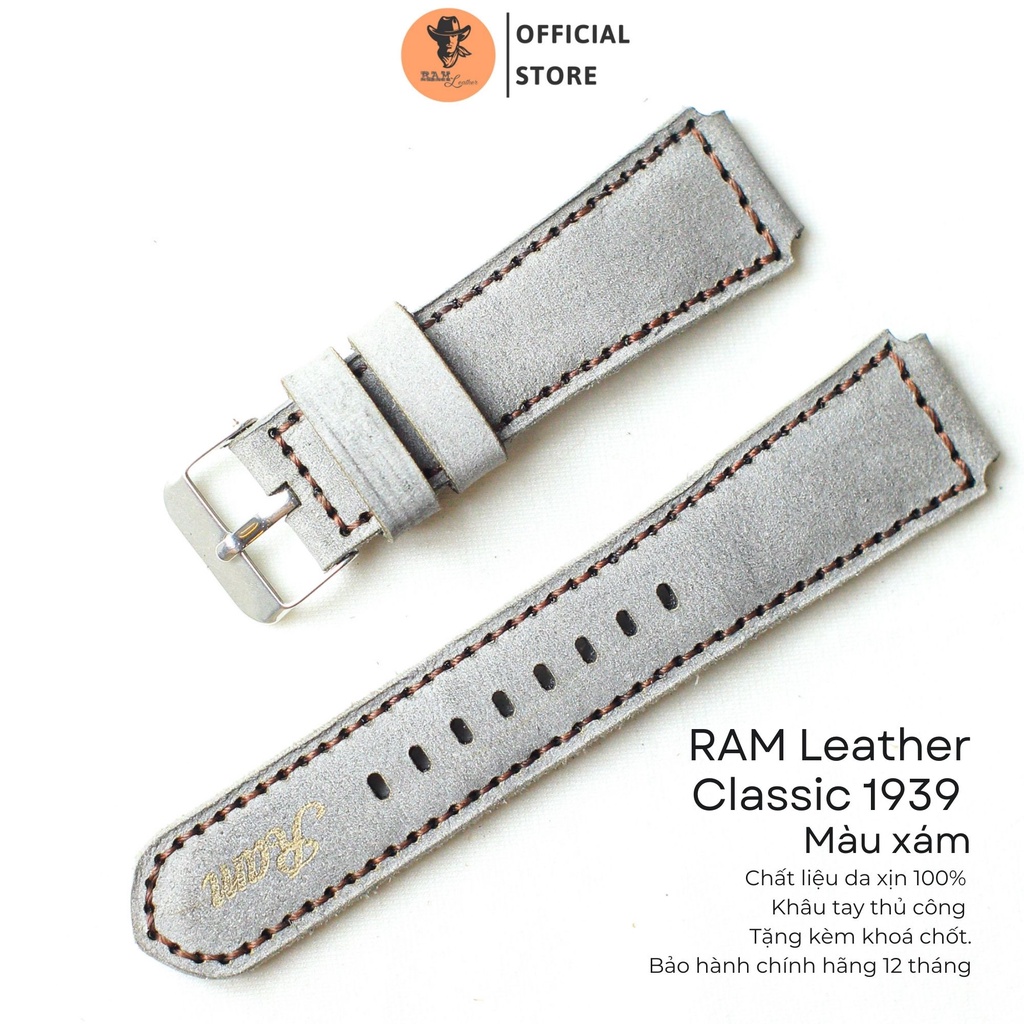 Dây Đồng Hồ Da Thật RAM Leather 1939 Da Bò Xám Quân Đội Bền Đẹp
