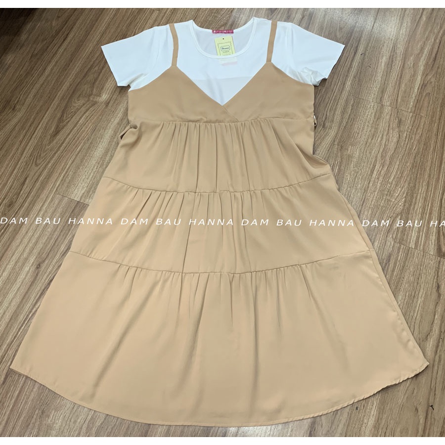 [HANNA] Đầm bầu giả yếm dễ thương cho mẹ trẻ free size 40-75kg với vải chéo mỹ cao cấp thoáng mát mùa hè không nhăn
