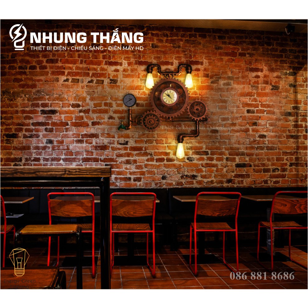 Đèn Tường Retro DT-0218 - Bánh Răng , Đồng Hồ Chuyển Động Cùng Đèn - Kiểu Dáng Cổ Điển - Tặng Kèm 3 Bóng T64