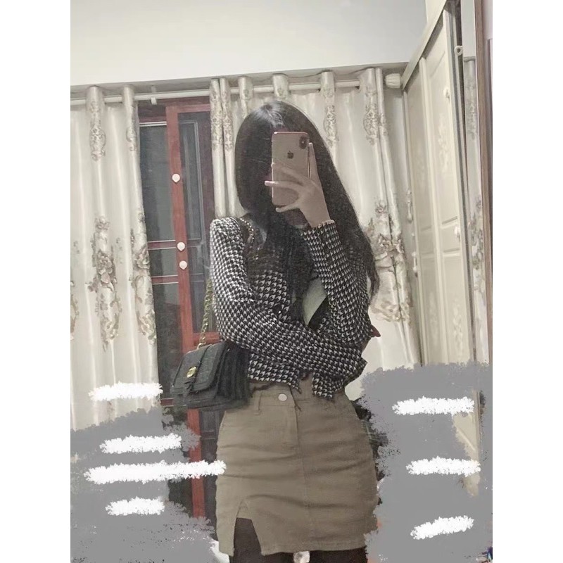 Áo blazer dáng ngắn croptop kẻ caro đen trắng freesize