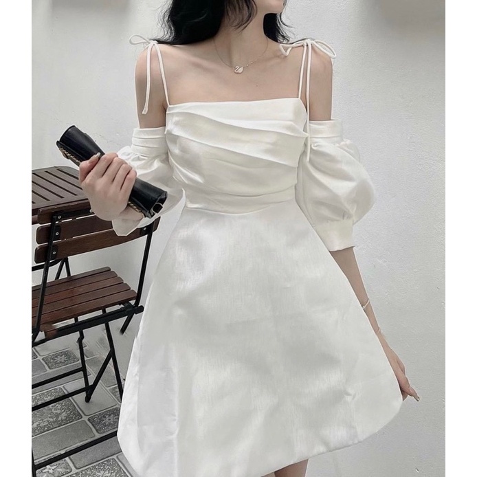 Đầm rớt vai 2 dây cột nơ tay phồng ngực xếp xéo form A 2 màu
