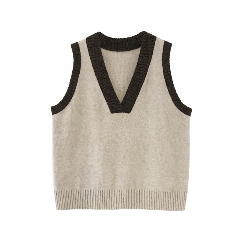 Áo Len Nữ Không Tay Cổ Chữ V Màu Sắc Retro Thời Trang