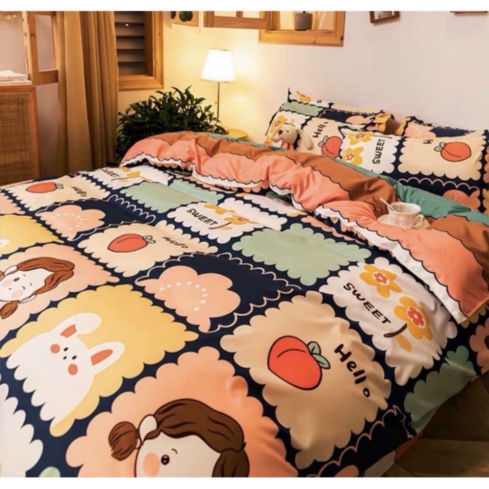 Bộ chăn ga Cotton poly Miha bedding kèm 2 vỏ gối,hình thú cute,drap giường,mền đẹp