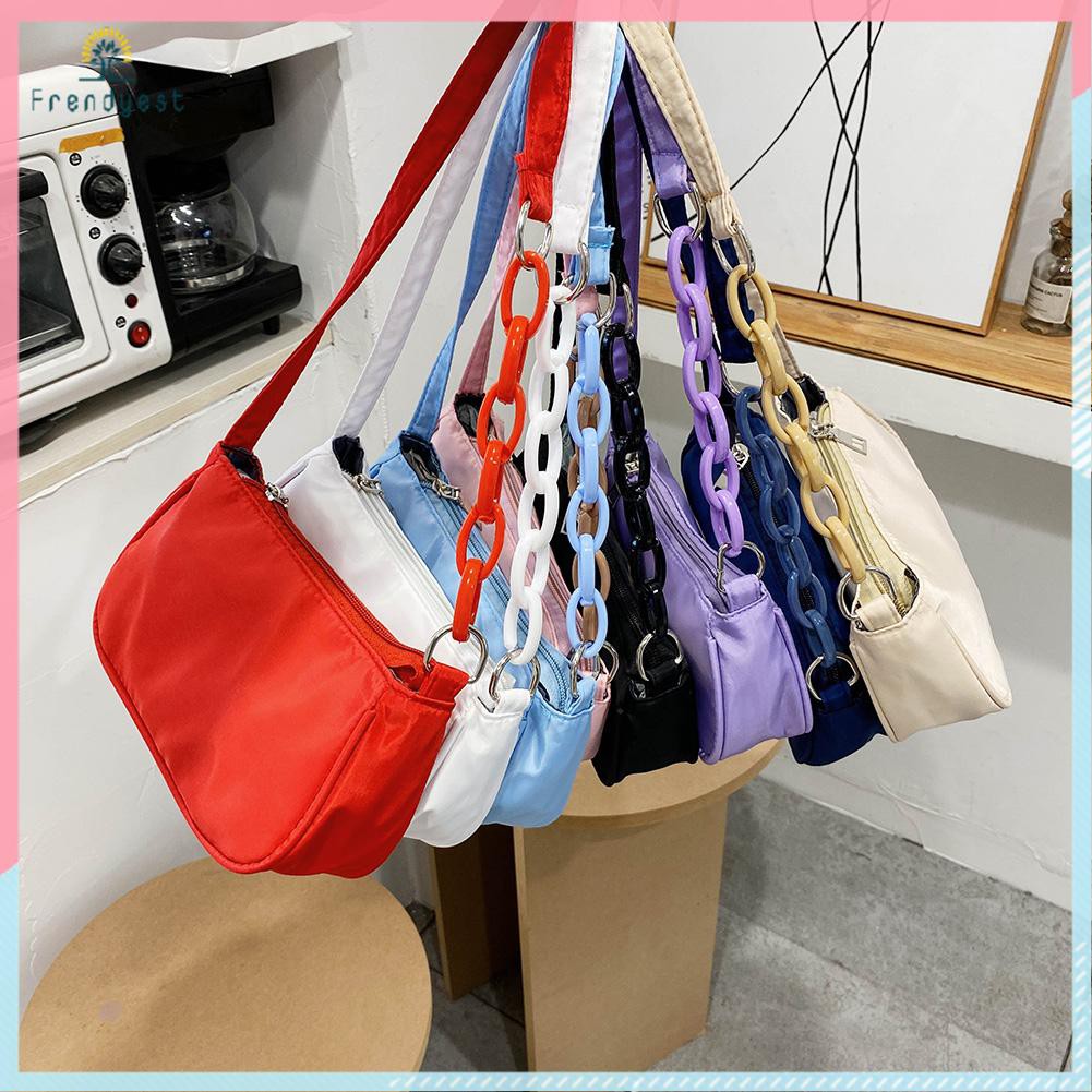 Túi Đeo Vai Chất Liệu Nylon Màu Trơn Phối Dây Kéo Và Dây Xích Thời Trang Cho Nữ | BigBuy360 - bigbuy360.vn
