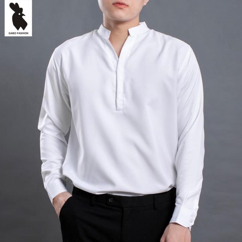 Áo sơ mi nam cổ trụ vải lụa Ttnpigo - 18045 chất mềm mịn form chuẩn phong cách Hàn Quốc