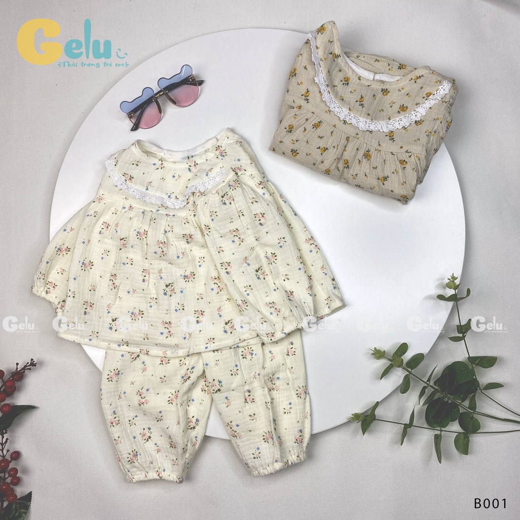 Bộ thu đông cho bé Gelu Kids, bộ ngủ xô muslin hoa nhí mềm mịn, an toàn cho da bé