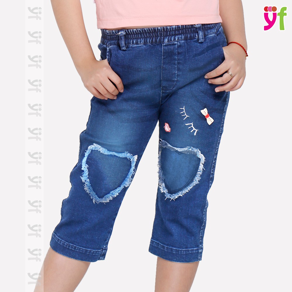 Quần jeans lửng qua gối YF thêu trái tim, cho bé từ 12 - 43kg, có chất thun co giãn 9QX579