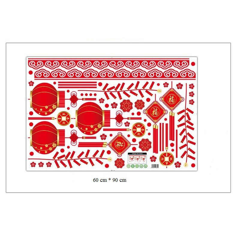 Decal trang trí tết, hình dán trang trí năm mới pháo đỏ đồng tiền lồng đèn may mắn khổ 60*90