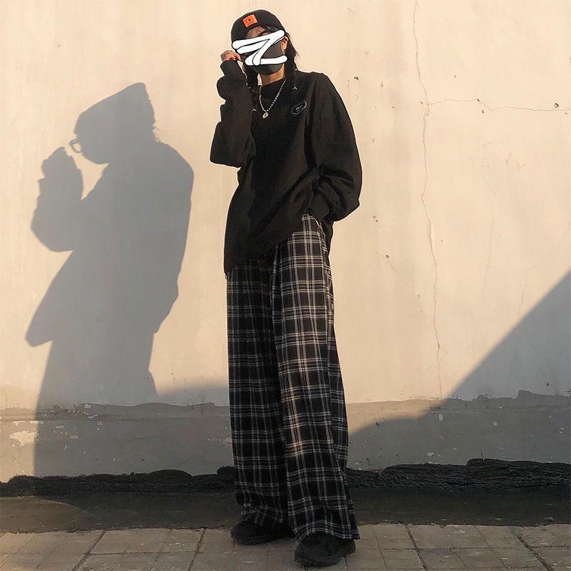 Quần Dài Lưng Cao Ống Rộng Họa Tiết Sọc Caro Màu Đen Phong Cách Retro Hàn Quốc