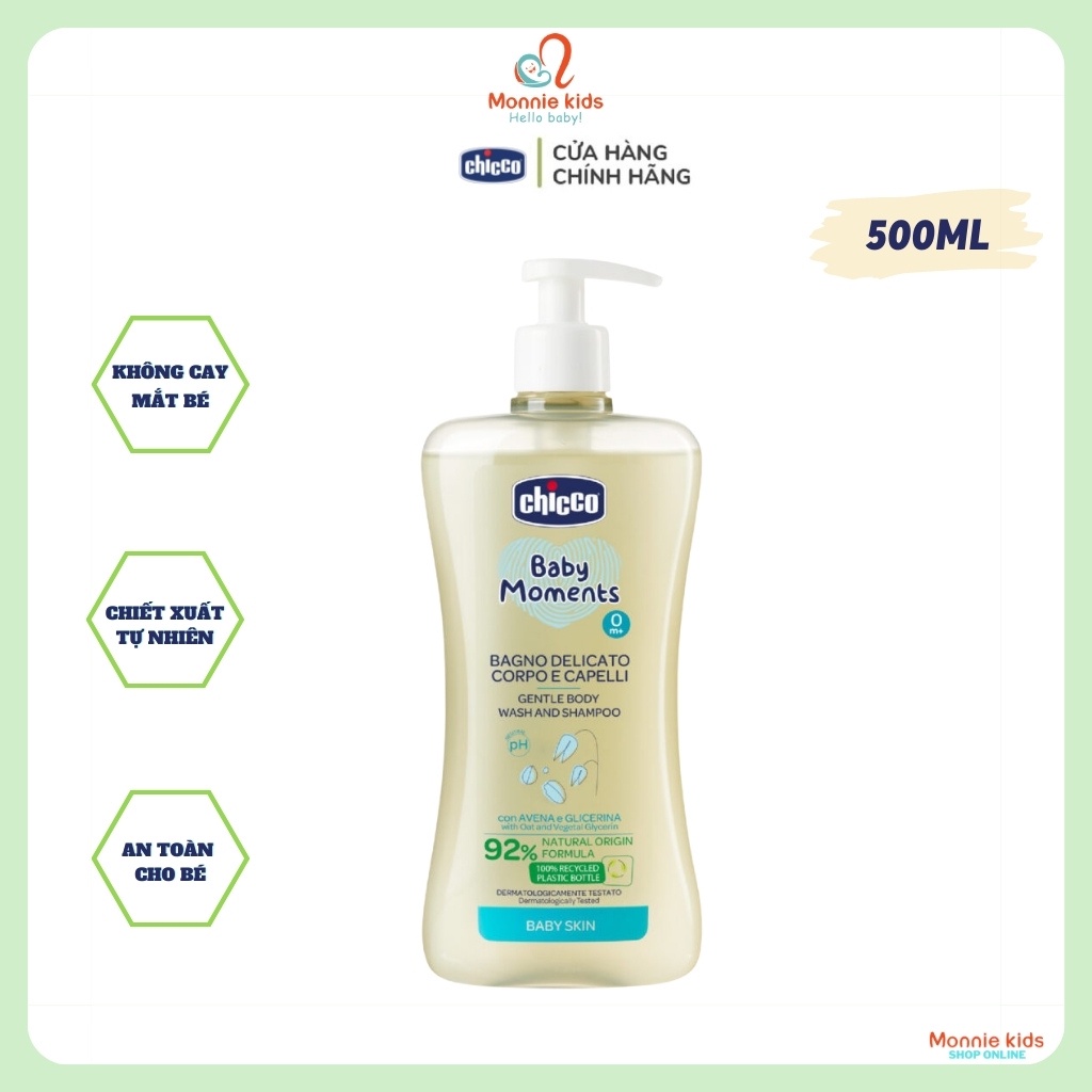 Sữa tắm gội cho bé CHICCO 500ml 0m+, sữa tắm yến mạch cấp ẩm da cho trẻ em - Monnie Kids