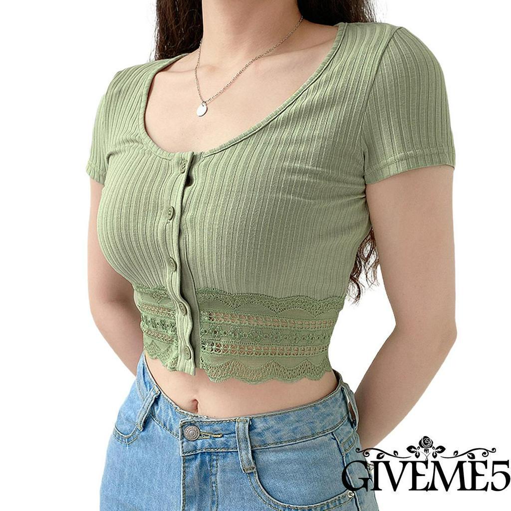 Áo Croptop Phối Ren Ngắn Tay Gợi Cảm Dành Cho Nữ