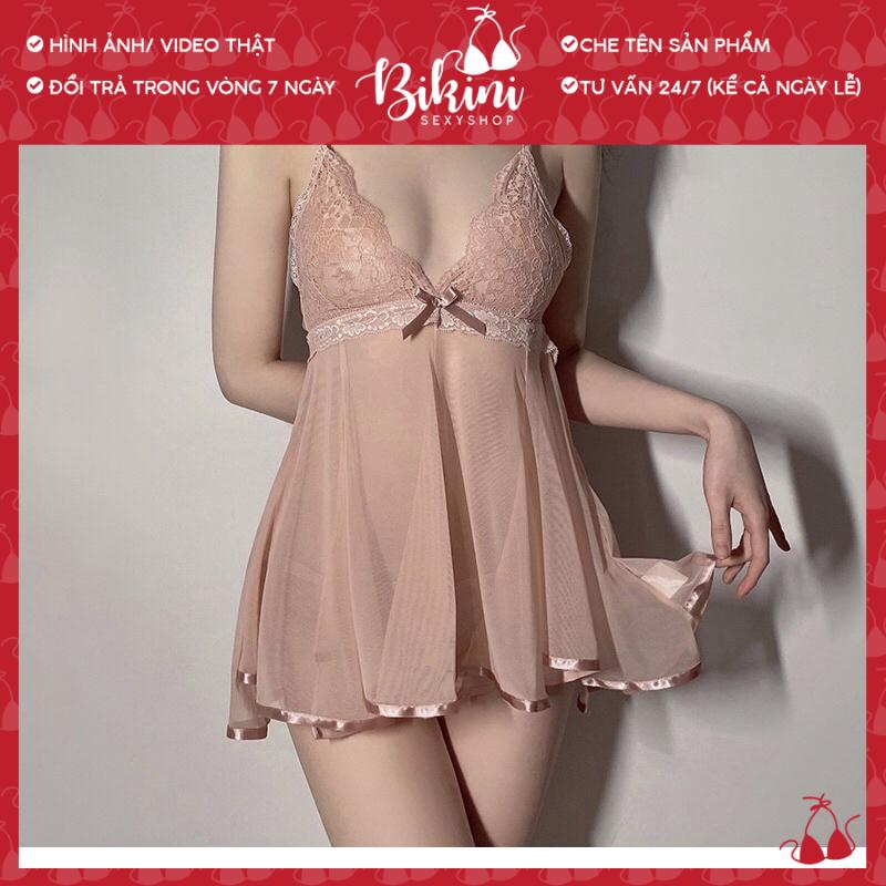 ❣️ Váy ngủ 2 dây  xuyên thấu phối ren ngực gợi cảm kèm chip lọt khe freesize màu đen/ trắng/ hồng SN017