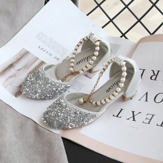 Bé Gái Pha Lê Giày Ngọc Trai Phong Cách Công Chúa Vừa Lớn Trẻ Em Giày Cao Gót Giày Khiêu Vũ Ngón Chân Sequin Khóa Dép