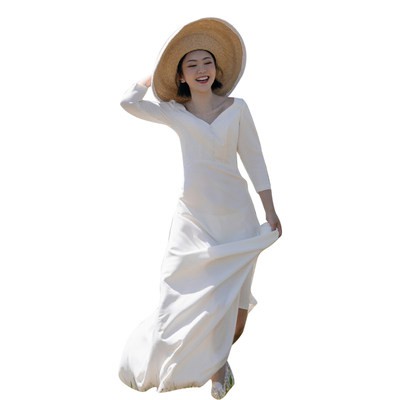 Áo CướI nhẹ sa tanh kiểu Pháp mẫu mới mùa xuân 2020 màu trắng đơn giản dài tay v-cổ áo siêu Cổ Tích sen dáng đi chụp màn