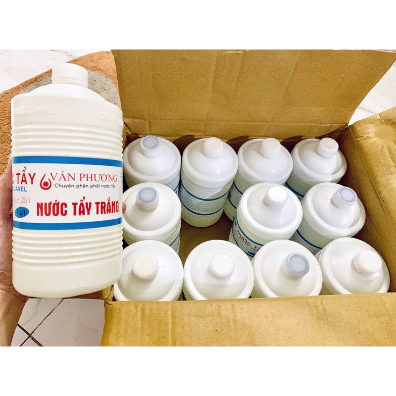 Thùng 12 bình Nước tẩy trắng javel Vân Phương 1 Lít bình trắng tròn, thuốc tẩy trắng, tẩy vết ố bẩn quần áo