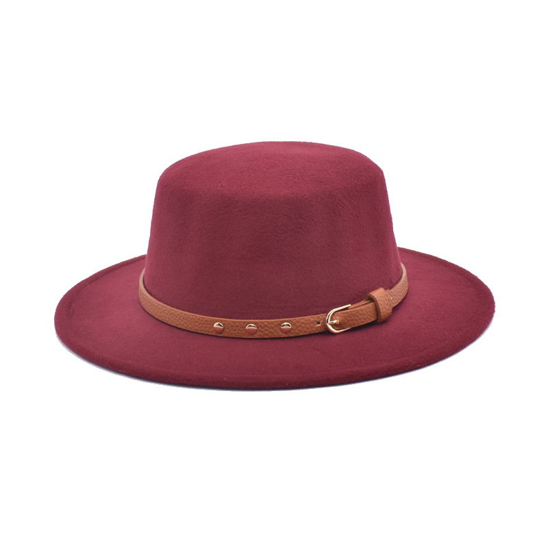 Women's Autumn and Winter New Flat-Top Cap Belt Accessories Woolen Hat Panama Fedora Hat Men's Hat