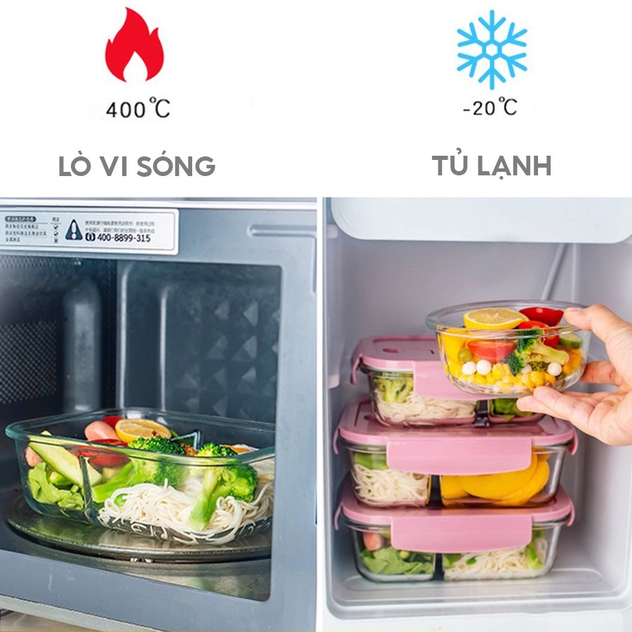 Hộp Cơm Thủy Tinh 3 Ngăn Kèm Muỗng Đũa Inox - Chịu Nhiệt, Chống Tràn Tiện Lợi