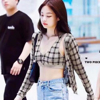 áo jennie blackpink Bộ áo hai dây sọc caro + áo khoác len phong cách thời trang cho phái nữ