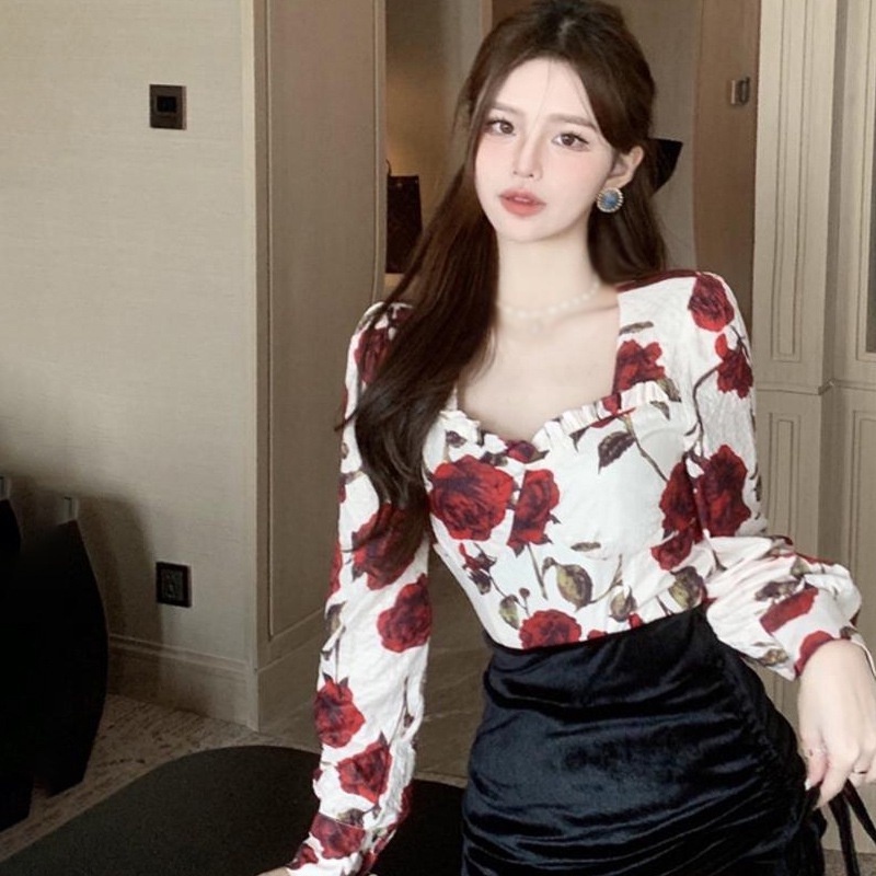 Áo Kiểu Cổ Vuông Ôm Dáng In Họa Tiết Hoa Hồng Phong Cách Hàn Quốc Thời Trang Mùa Xuân Xinh Xắn
