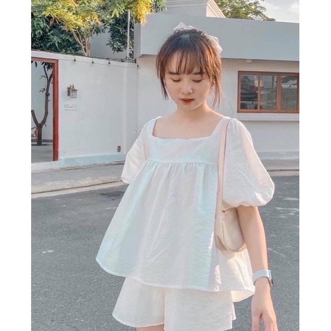 SET BABYDOLL TIỂU THƯ - ÁO BUỘC NƠ KÈM QUẦN SHORT