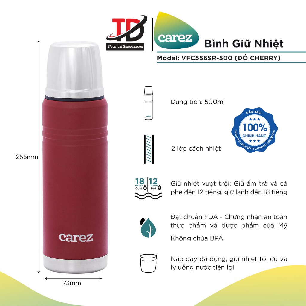 Bình giữ nhiệt Carez Back to Basic 500ML VFC556SR-500ml - màu đỏ Cherry , Inox 304, Không chứa BPA