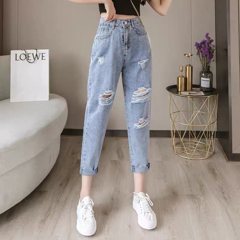 Quần jean baggy nữ BigSize Lưng Cao Rách bụi, phong cách hàn quốc, màu xanh đá phom TO rộng đủ size 4153