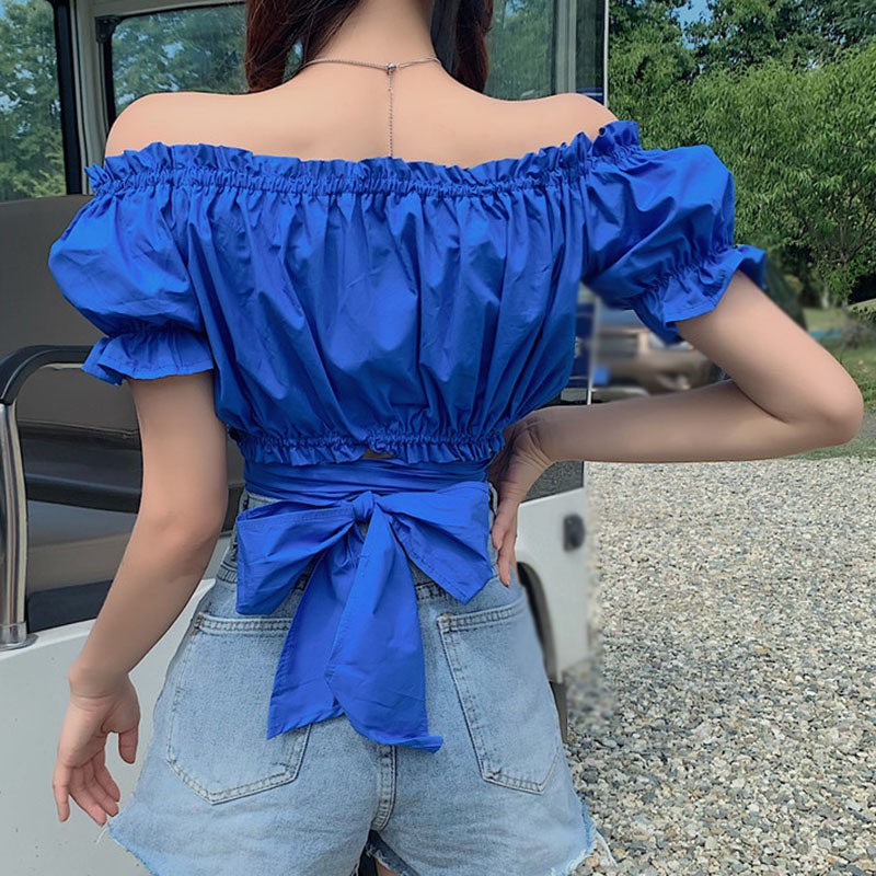 Summer Women's SexySolid V-Neck Exposed Navel Short Sleeve Shirt