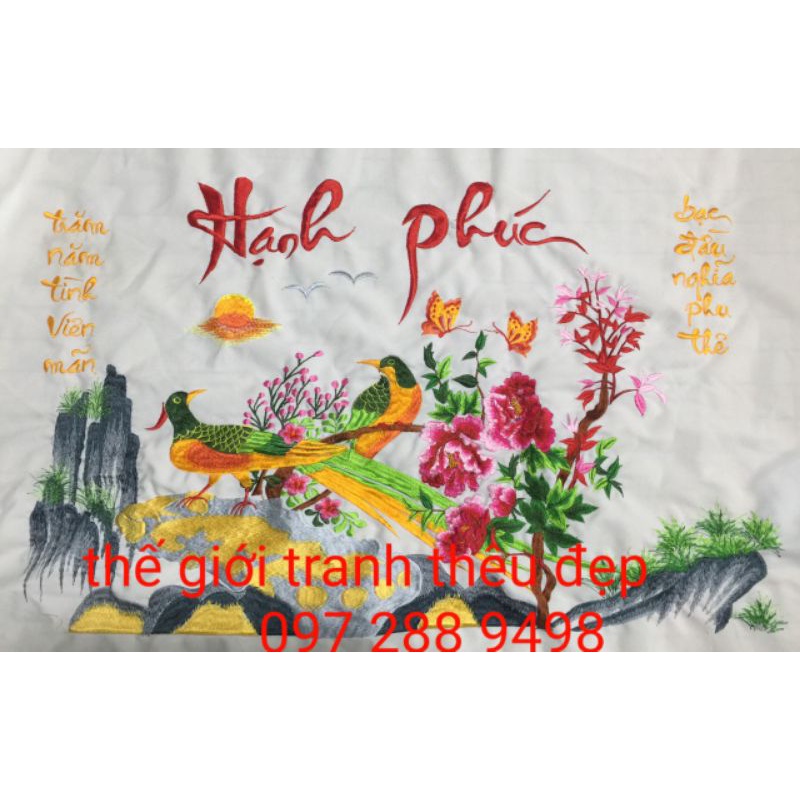 tranh thêu phong cảnh đôi trĩ có kèm chữ thư pháp hạnh phúc tranh thêu sẵn chưa Khung kTTP 50 x 70 cm