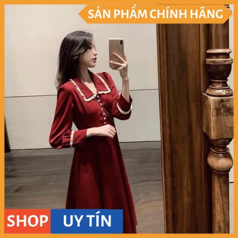 Đầm dáng xòe màu đỏ tay dài viền ren dự tiệc dạo phố, cà phê, hẹn hò noel , đi làm thời trang tươi mát - VADA - V789 | BigBuy360 - bigbuy360.vn