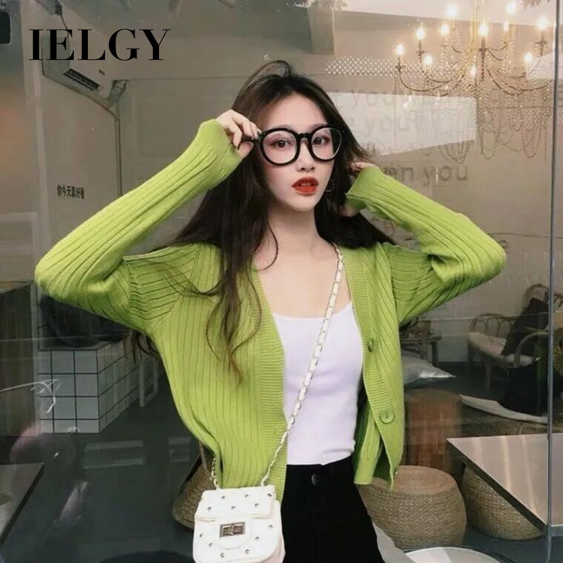 Áo khoác cardigan dệt kim IELGY tay dài cổ chữ V phong cách Hàn Quốc thời trang cho nữ