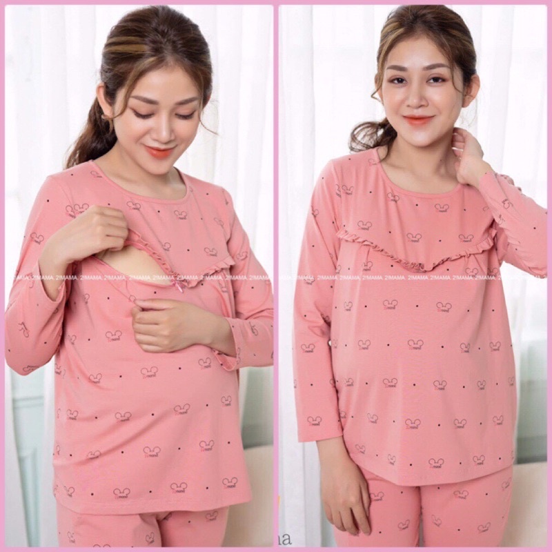 Bộ đồ bà bầu và sau sinh dài tay thu đông Cotton có kéo khoá cho con bú đẹp giá rẻ BD018