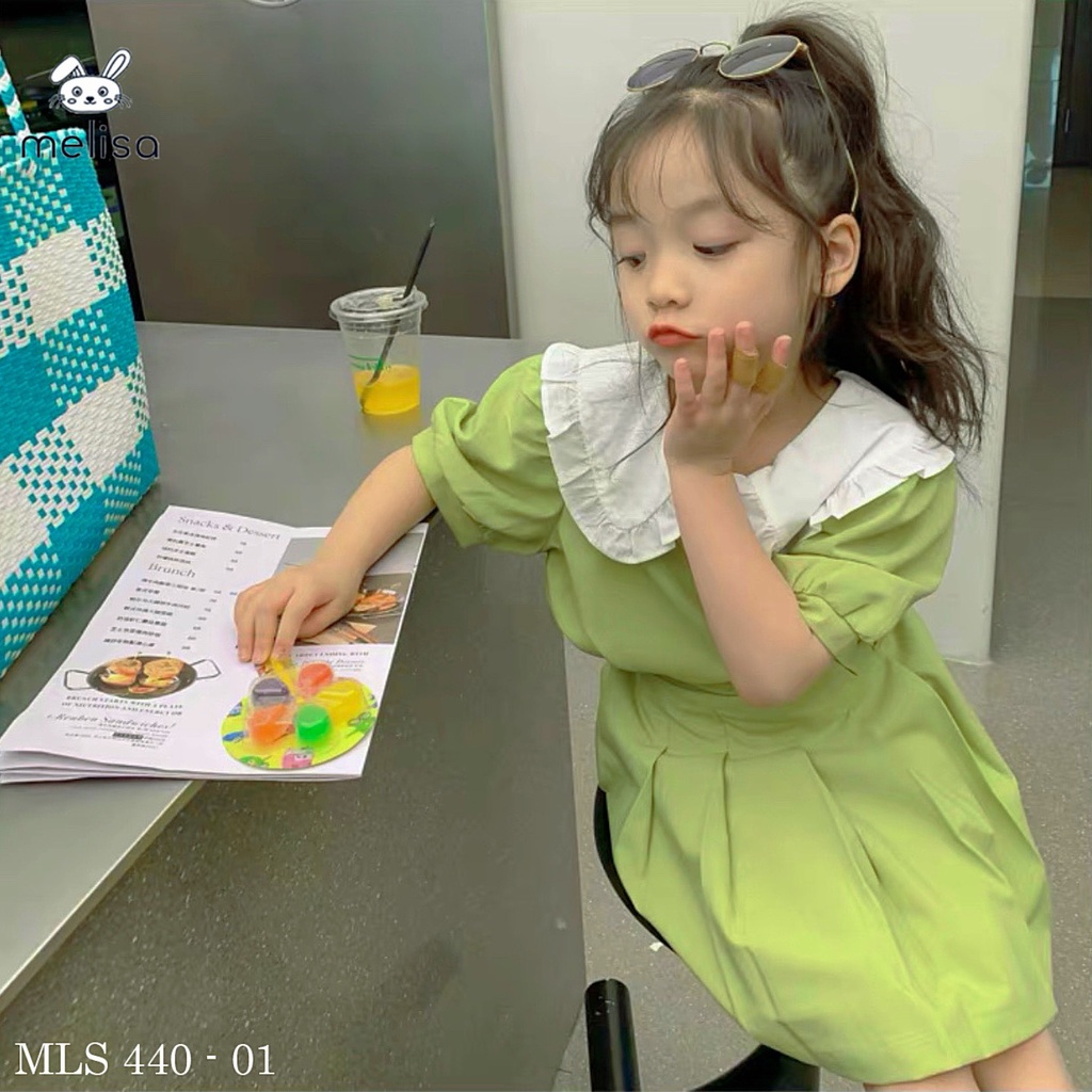 Váy cho bé gái, Sét váy dạ TEX mềm cổ bèo kèm chân váy xếp ly cho bé size 12-33kg