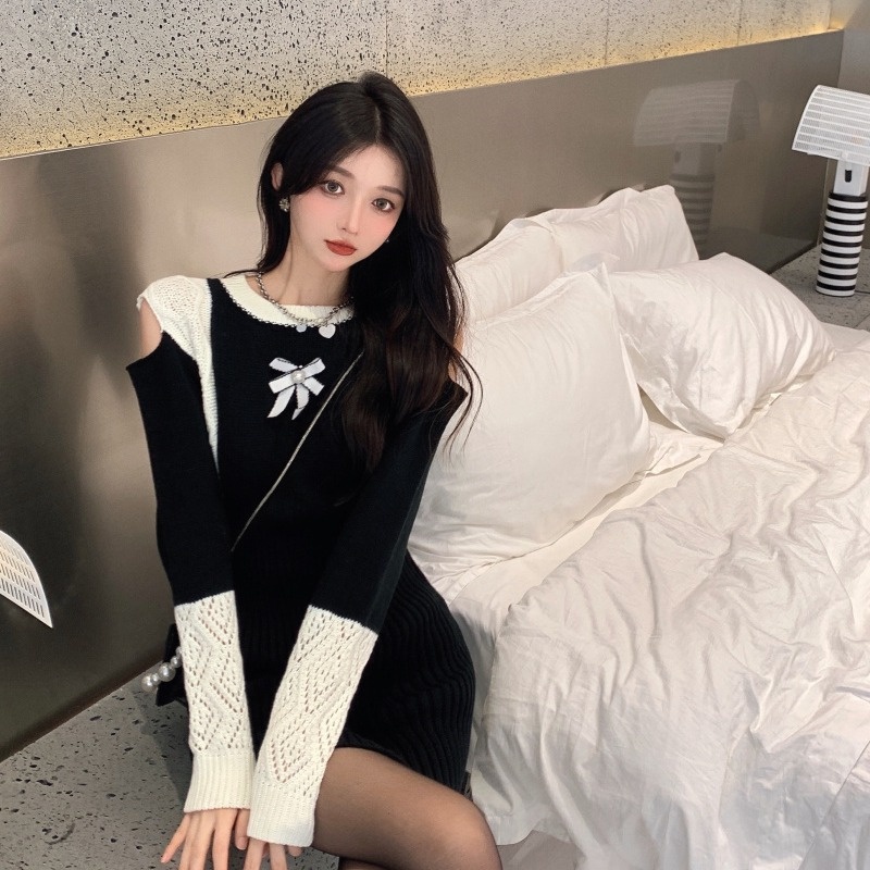 Đầm nữ dệt kim ZHELIHANGFEI tay dài lộ vai gợi cảm thời trang