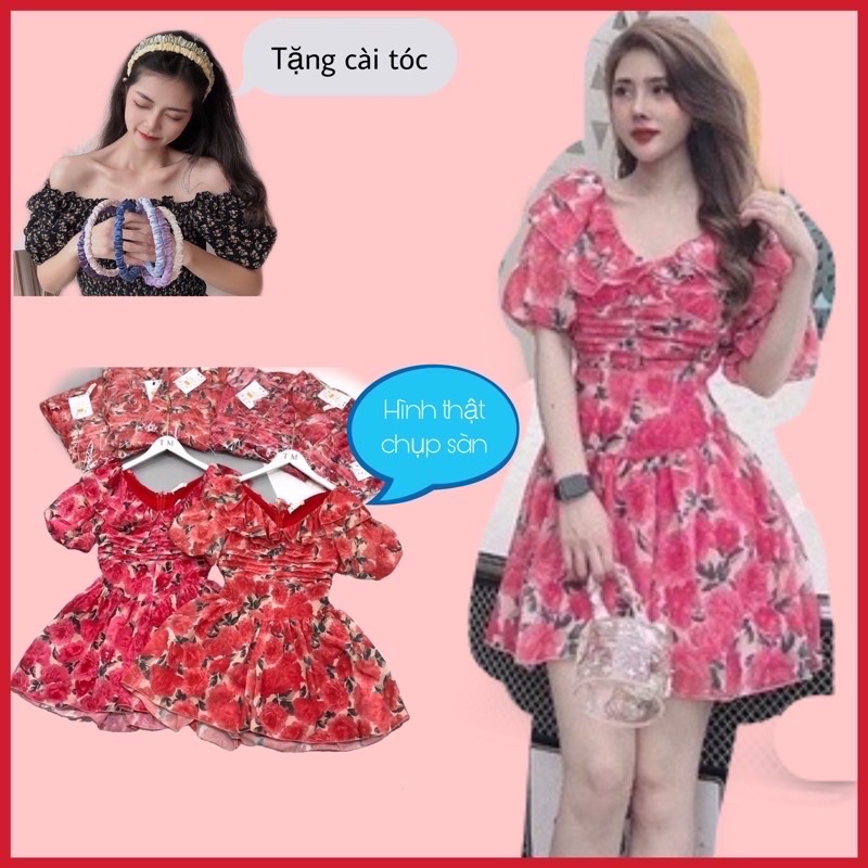 (HÀNG SHOP)Đầm Váy hoa cổ V xếp ly dài bồng nhún eo đầm họa tiết thiết kế xịn xò chuẩn shop (CAM KẾT LOẠI 1)