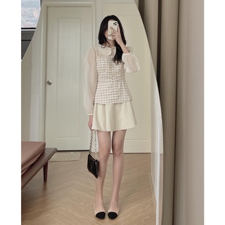 (ảnh thật) Audrey Áo dạ tweed phối voan cổ sen