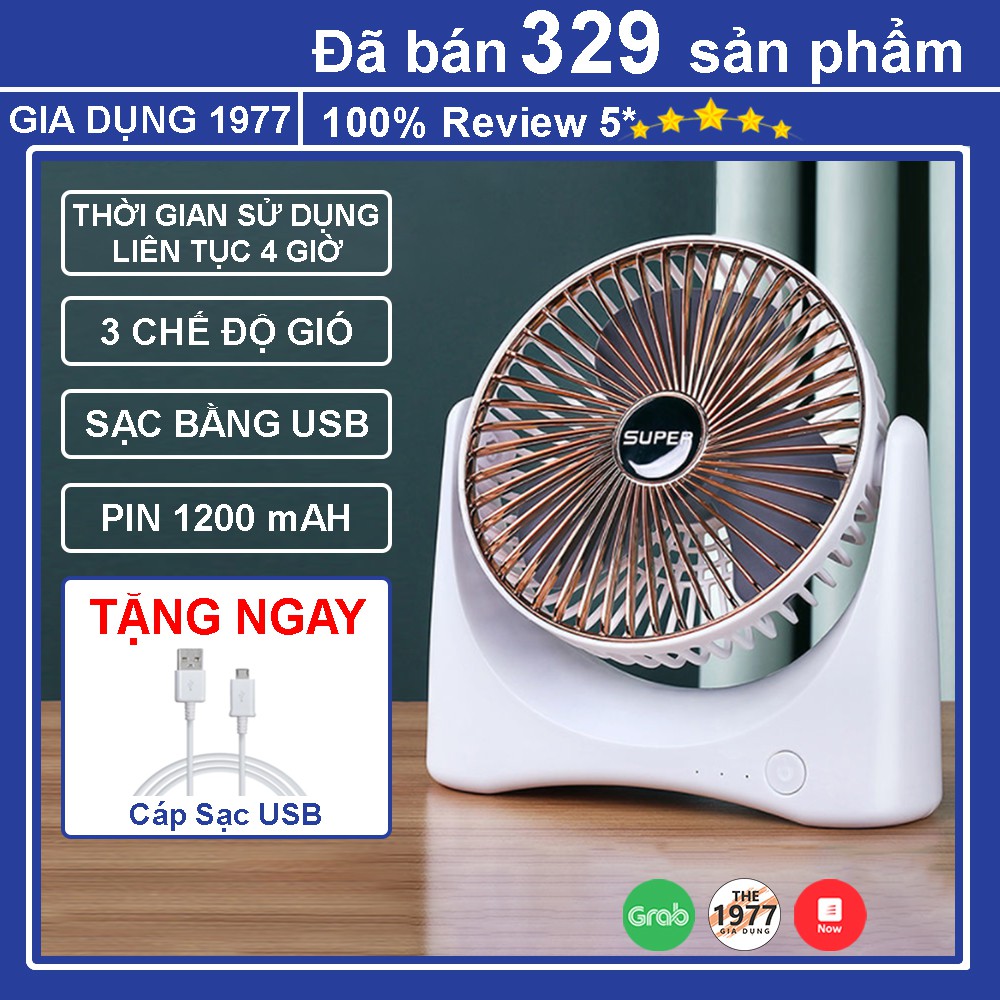 Quạt mini để bàn sạc pin tích điện 3 cấp độ thế hệ mới, Quạt để bàn mini xoay 120 độ kèm dây sạc USB an toàn tiện lợi