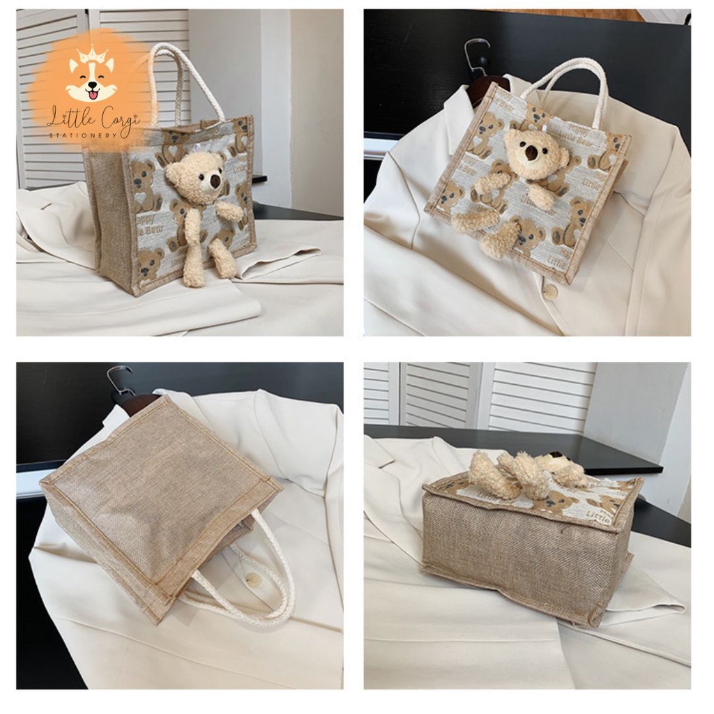 Túi xách vải bố hình gấu nhiều màu lựa chọn - Túi cói mini gấu bông hàng đẹp