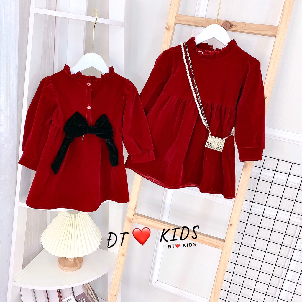 Váy Nhung Cho Bé 8-18kg - Váy Nhung Đỏ Phối Nơ Diện Tết - Noen Cực Ấm - N%D Kids