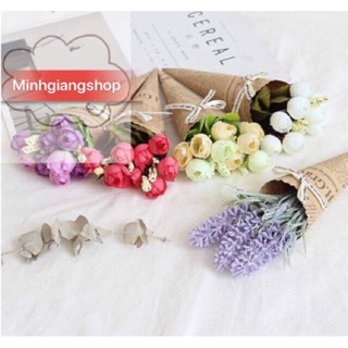 Phụ kiện chụp ảnh sản phẩm/Trang trí- Bó hoa hồng nụ mini kèm nơ 21cm nhiều mẫu